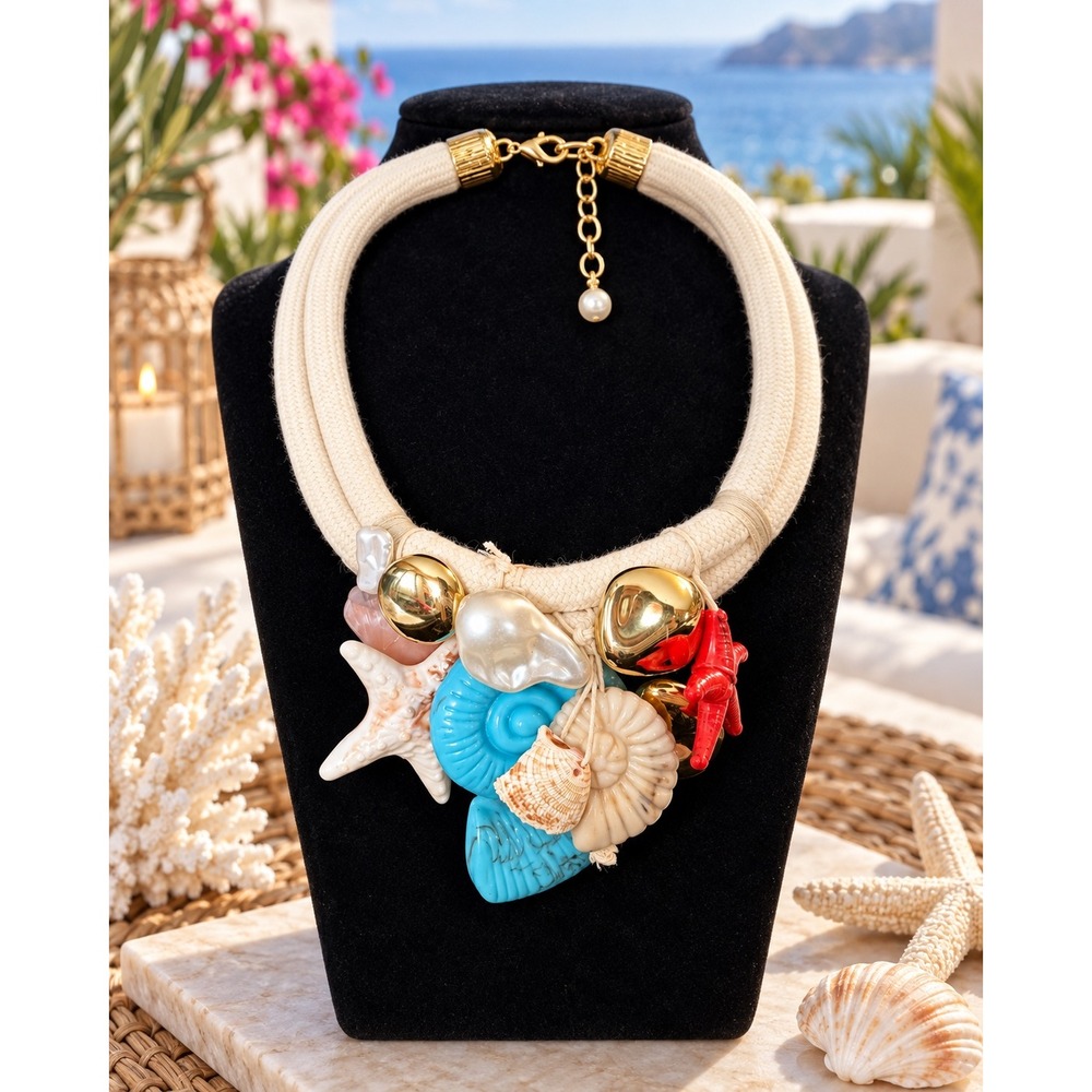 Coastal Nautical Statement Necklace Rope Shell Starfish Coral Ivory/Gold Tone